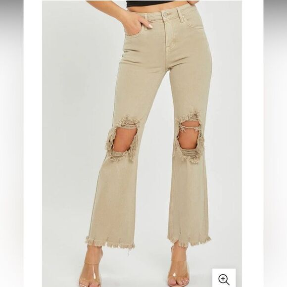 RISEN LOS Angeles Sand High Rise Distressed Straight Leg Jean Raw Hem 7/28 NEW - Picture 14 of 16